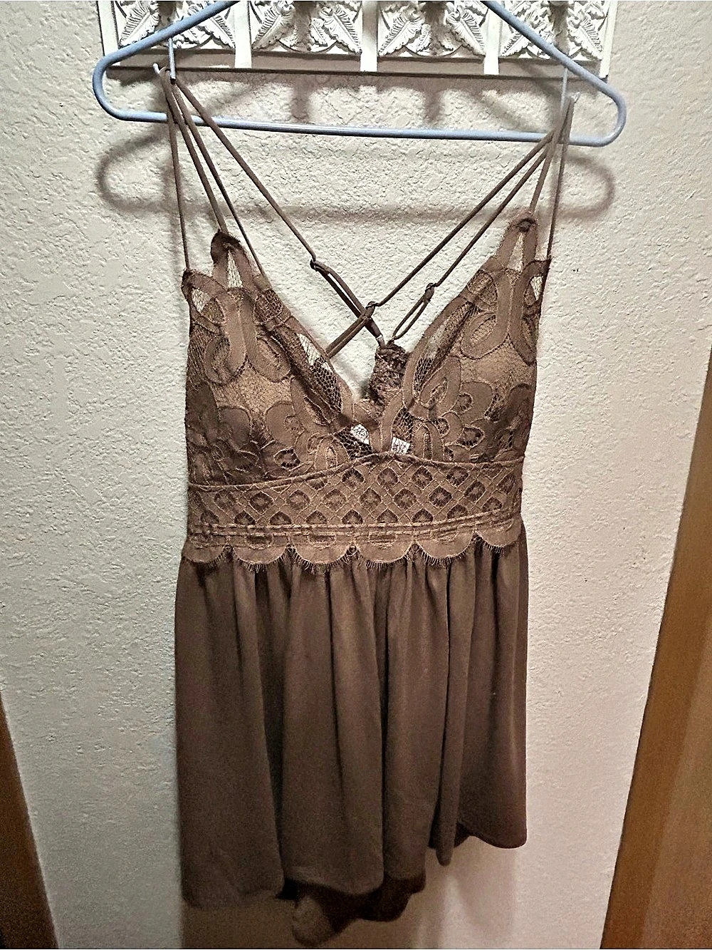 Zenana Crochet Lace Asymmetric Ruffle Trim Cami Dress Brown 3X Like New